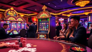 Experience thrill at Slot Terpercaya with vibrant slot machines and excited players.