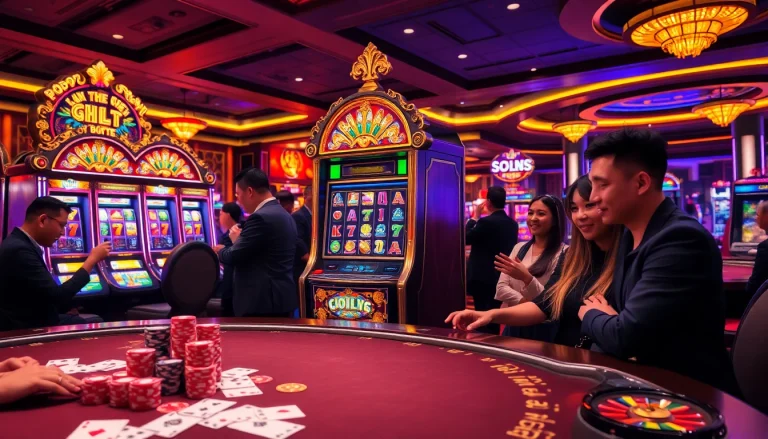 Experience thrill at Slot Terpercaya with vibrant slot machines and excited players.