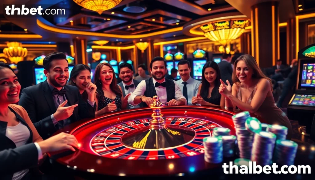 Experience the excitement at thabet.com with a vibrant casino scene filled with roulette and poker chips.