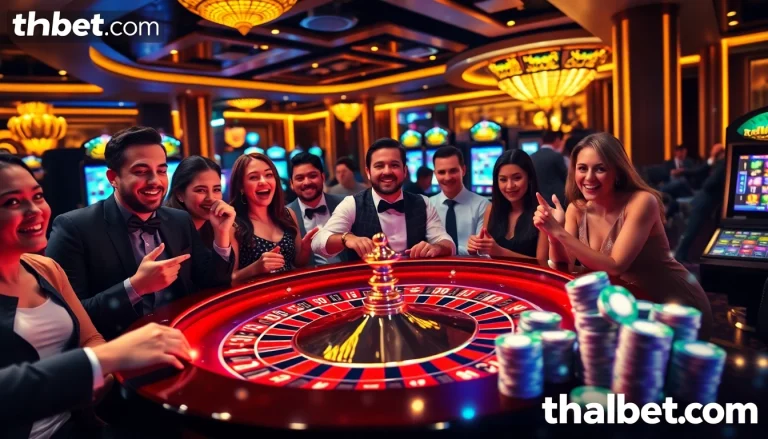 Experience the excitement at thabet.com with a vibrant casino scene filled with roulette and poker chips.