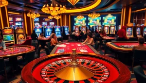 Players enjoy high-stakes games at F88BET's luxurious casino, featuring roulette and vibrant slot machines.
