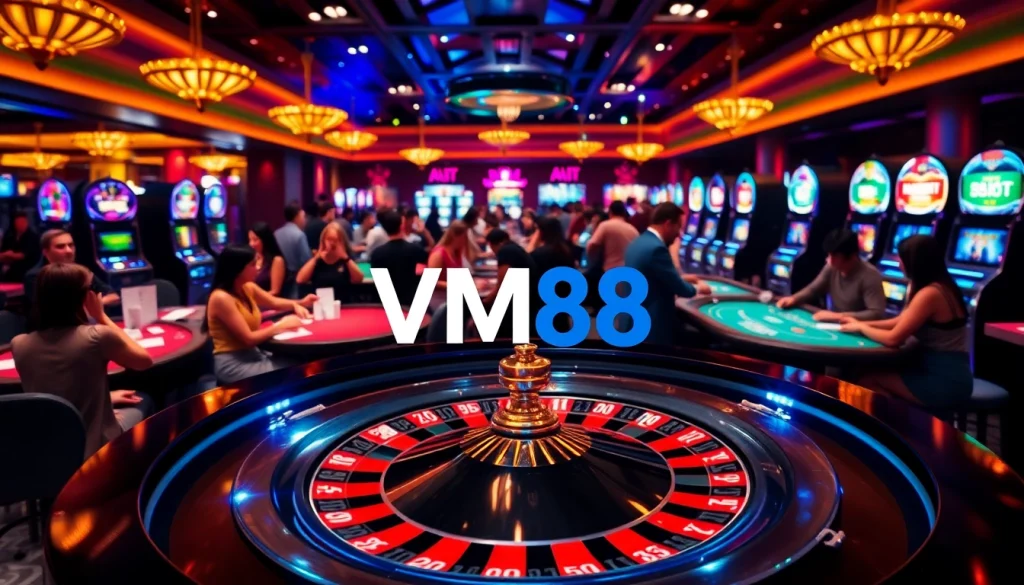 Experience high-stakes gaming at VM88 with vibrant roulette tables and excited players.