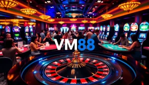 Experience high-stakes gaming at VM88 with vibrant roulette tables and excited players.