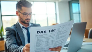 DAS 140 form being reviewed by a contractor in a bright office space, demonstrating attention to detail.