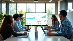 Team analyzing competitive intelligence strategies in a bright office environment.