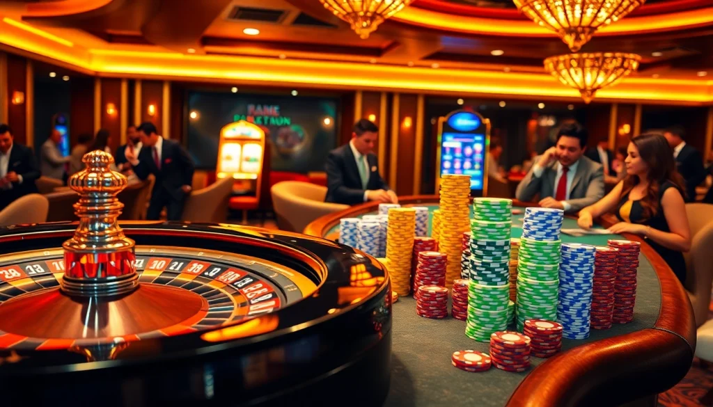 Gamblers enjoying high-stakes play at RR88 casino with vibrant slot machines and poker chips.