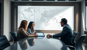 Crisis management consultant strategizing with a team in a modern office setting.