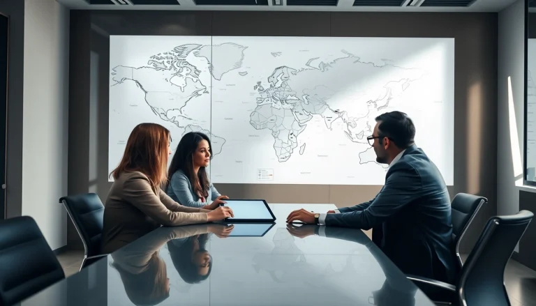 Crisis management consultant strategizing with a team in a modern office setting.