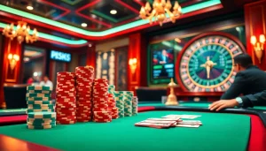 Experience thrilling poker action at https://journal.unj.ac.id/ with vibrant chips, cards, and a roulette wheel.