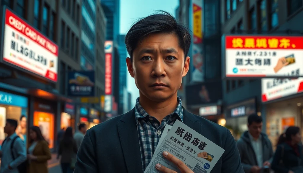 카드깡 경고를 표현한 도시에서 걱정스러운 표정을 짓고 있는 사람.