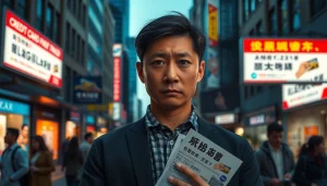 카드깡 경고를 표현한 도시에서 걱정스러운 표정을 짓고 있는 사람.