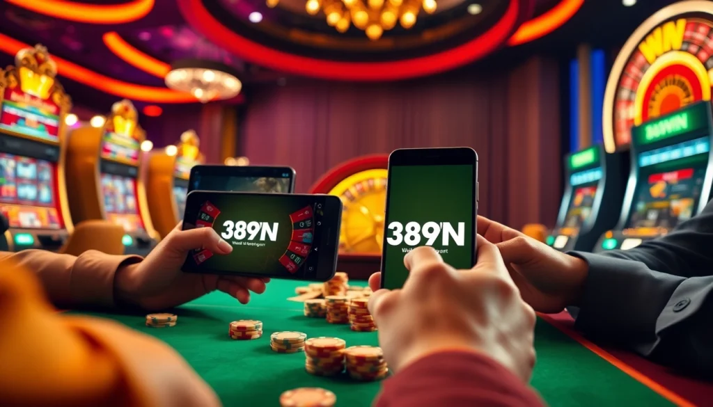 Players excitedly engaging with the 389WIN App at a vibrant casino table filled with poker chips.