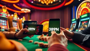 Players excitedly engaging with the 389WIN App at a vibrant casino table filled with poker chips.