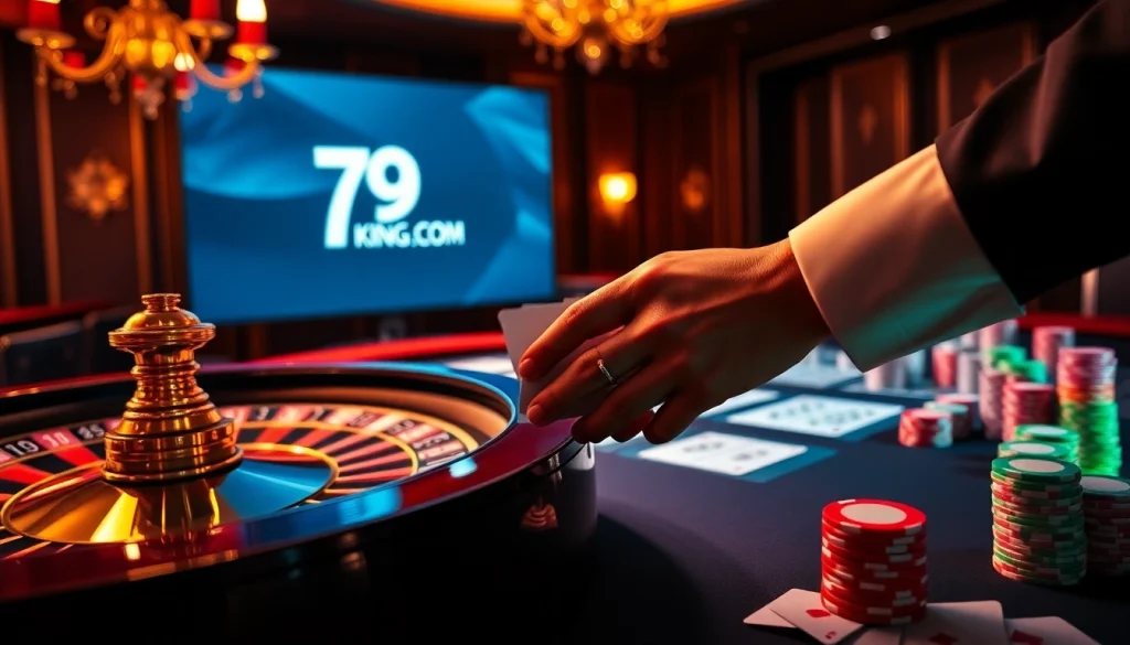 Experience the thrill of betting at 79king.com with vibrant casino visuals featuring roulette and poker tables.