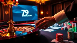 Experience the thrill of betting at 79king.com with vibrant casino visuals featuring roulette and poker tables.