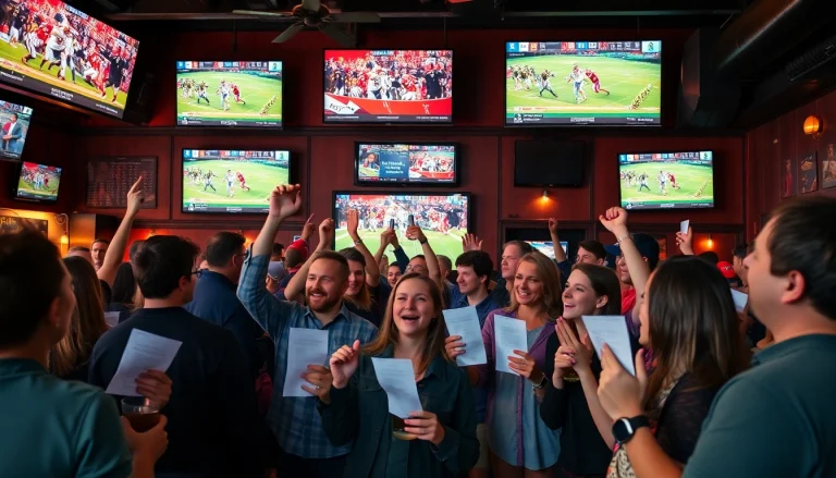 Engaged crowd participating in South Carolina sports betting at a lively sports bar.