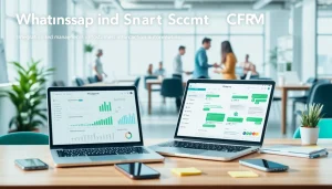 Visual representation of WhatsApp Smart CRM showcasing integration in a business environment with key features emphasized.