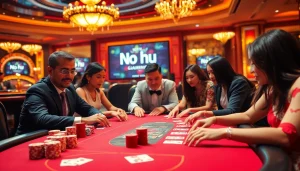 No hu poker game featuring intense players and vibrant casino atmosphere.