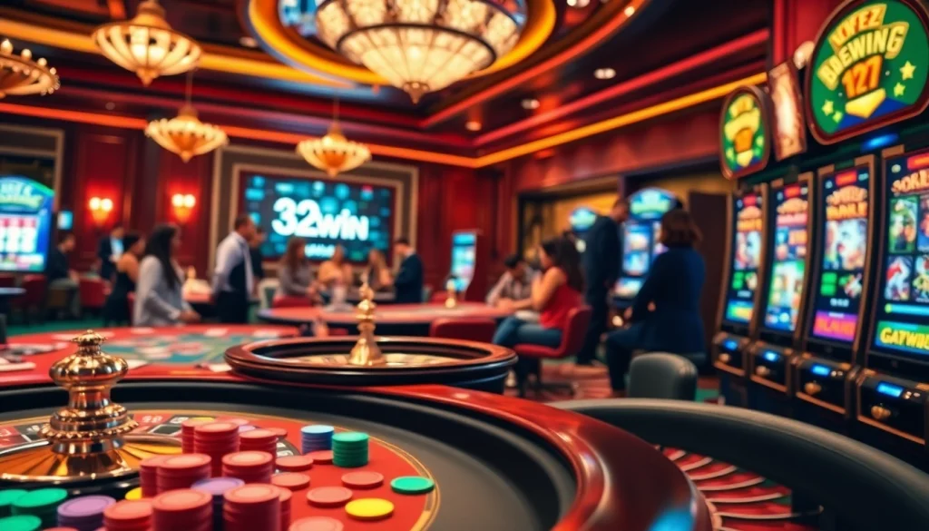 Engaged players at a poker table emphasizing 32win2 with vibrant casino elements.