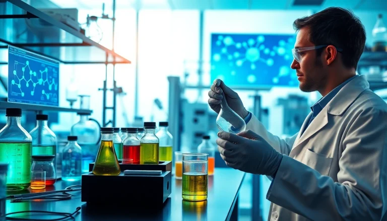 WIN55 cannabinoid research in a modern lab with vibrant chemical displays.