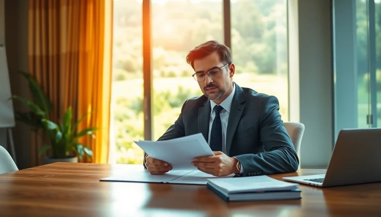 Environmental lawyer advising clients in a bright, modern office with a green backdrop.