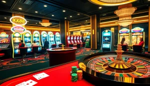 Exciting scene at a luxurious casino featuring gameplay at XX88.COM with poker chips and roulette.