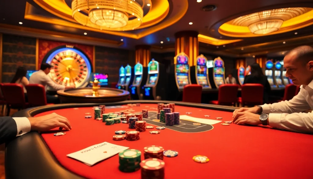 Engaging poker players competing with 7m chips at a vibrant casino table.