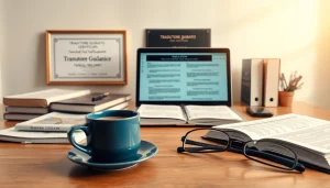 Traduttore giurato's professional workspace with translation materials.