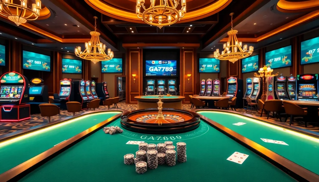 Engage in high-stakes gambling at ga 6789, showcasing vibrant poker tables and exciting slot machines.