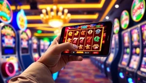 Bermain slot deposit 1k dengan semangat, menunjukkan smartphone dan suasana kasino yang berwarna-warni.