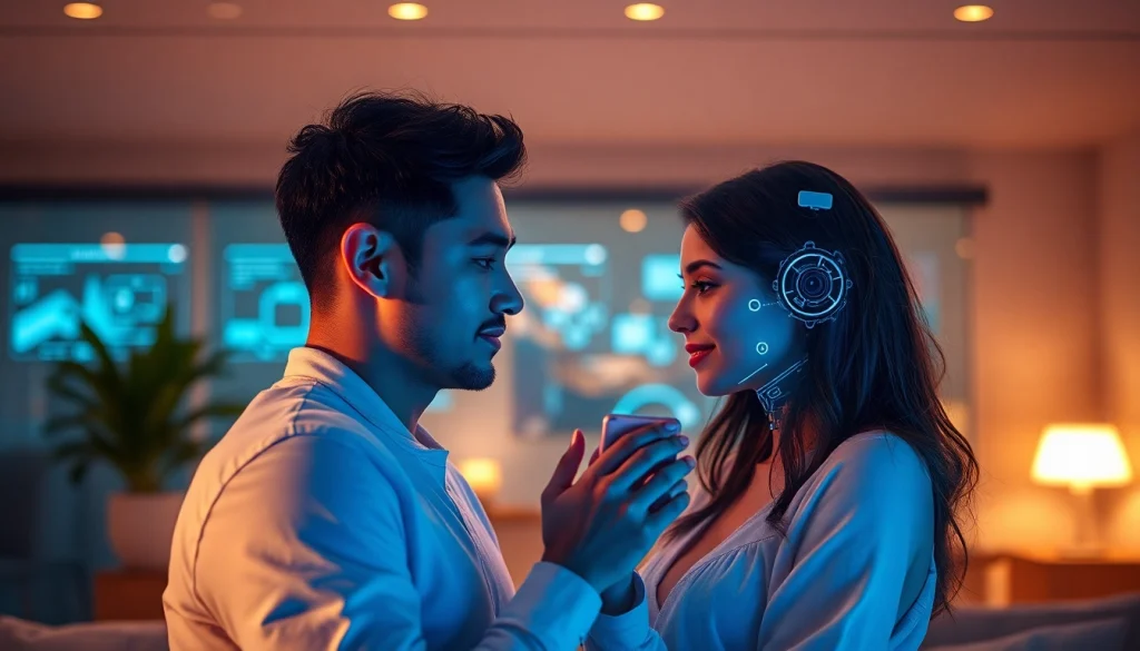 AI sex interaction in a cozy, futuristic setting with a lifelike companion.