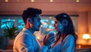 AI sex interaction in a cozy, futuristic setting with a lifelike companion.