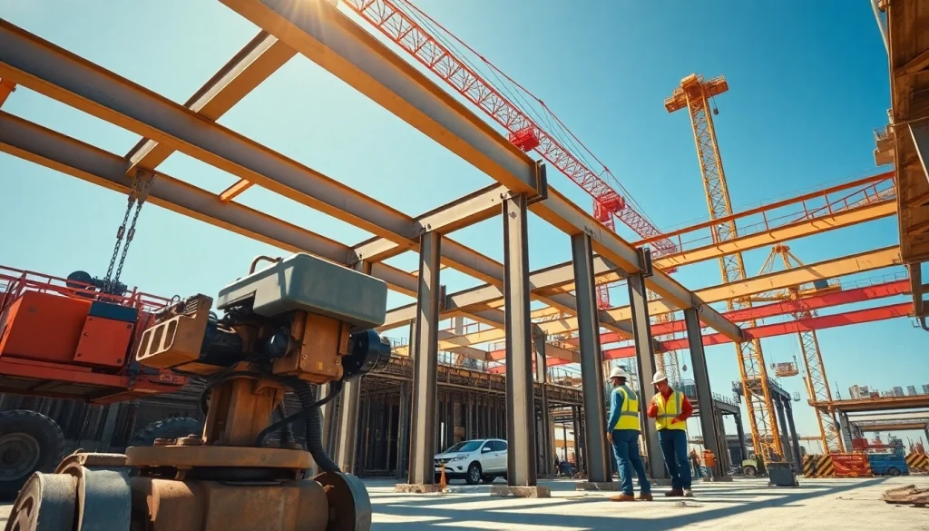 Team executing structural steel installation with precision at a vibrant construction site.