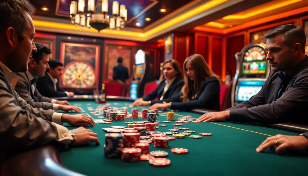 Players engaging in a high-stakes poker game, capturing the thrill of birutoto gambling action.