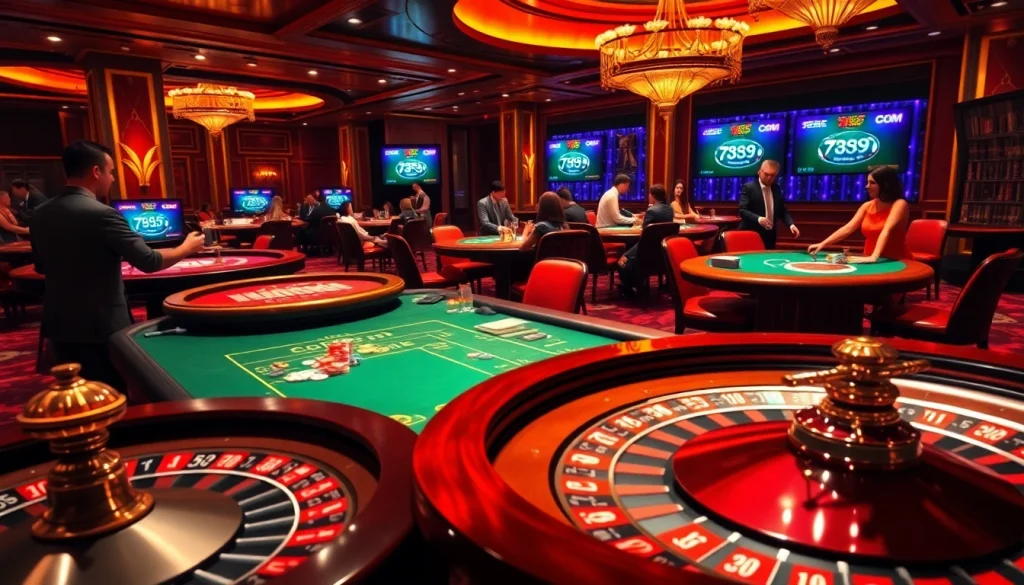 Excited players enjoying a vibrant casino scene featuring 789f com, poker chips, and a roulette wheel.