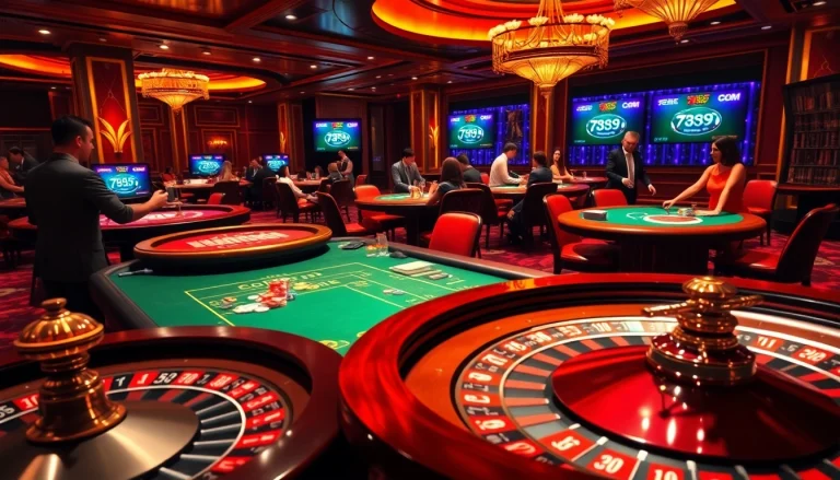 Excited players enjoying a vibrant casino scene featuring 789f com, poker chips, and a roulette wheel.