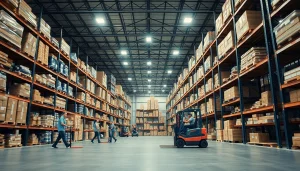 Warehouse workers efficiently organizing goods in a spacious, illuminated storage area.