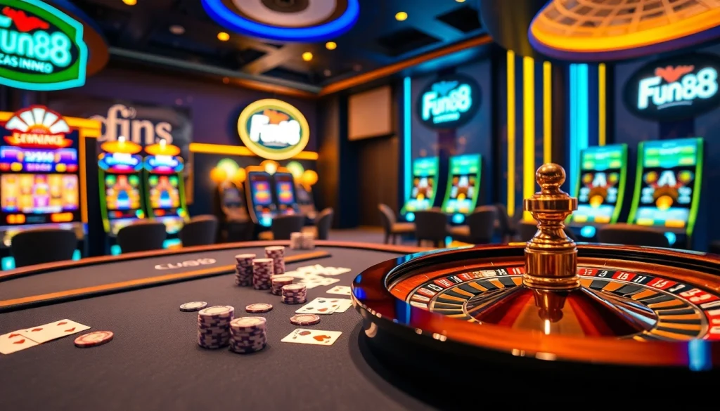 Experience the allure of the Fun88 link in a vibrant casino setting with poker chips, cards, and roulette.