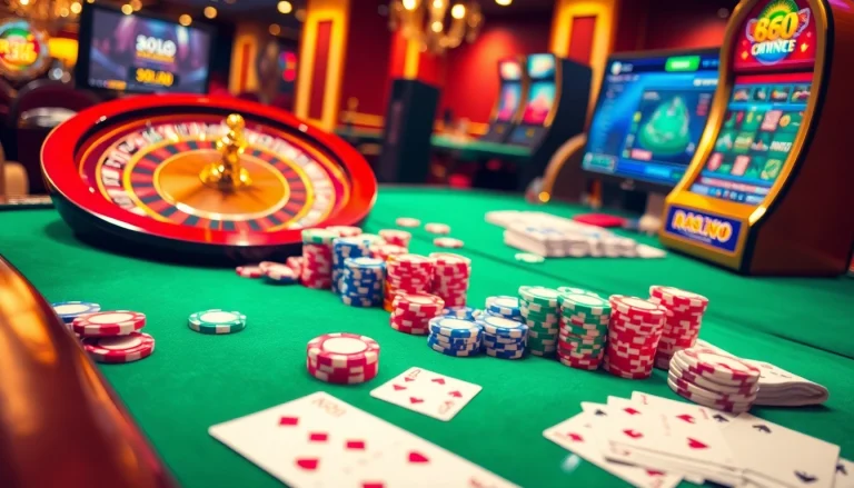 A dynamic gambling scene at https://rr88.wales/ featuring poker chips, roulette wheel, and an exciting online interface.