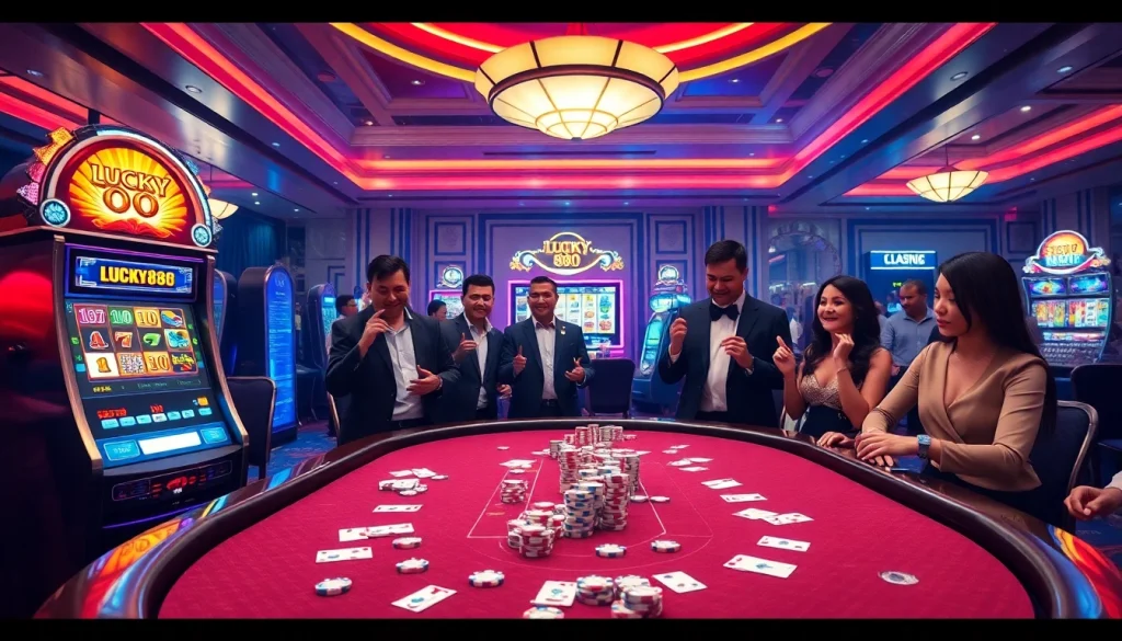 Experience thrilling gameplay at https://lucky88com.me/ with vibrant casino tables and excited players.