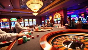 A dynamic casino scene featuring players engaging at tables, showcasing excitement at https://gem88.buzz/ with vibrant poker chips and roulette wheel.