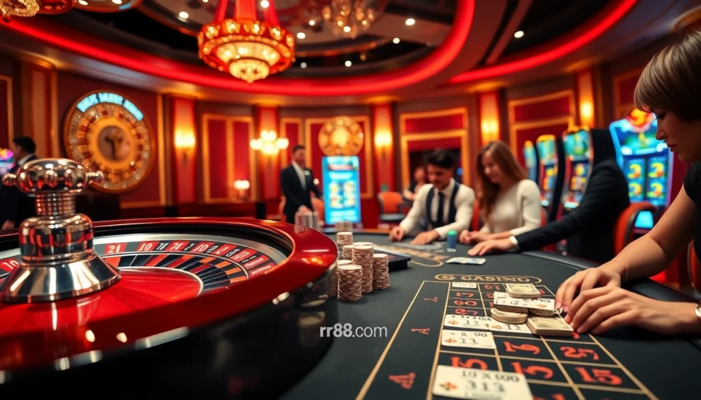 Experience the thrill of rr88com at a luxurious casino featuring roulette, poker chips, and excited players.