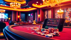 Engage in thrilling games at Nhà cái F8BET with vibrant poker chips and a sparkling roulette wheel.