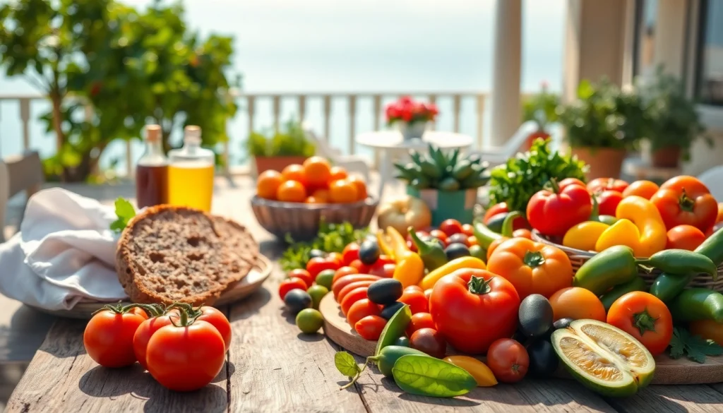 Delicious Mediterranean diet spread featuring fresh fruits and vegetables on a wooden table.