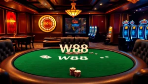 Bàn poker mang thương hiệu W88 giữa bối cảnh sòng bạc sang trọng, nổi bật với máy đánh bạc và roulette.