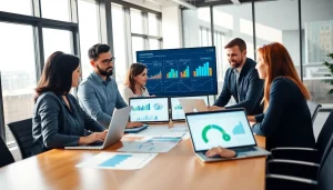 Engaged team discussing competitive intelligence data analysis in a modern office.