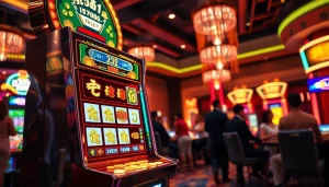 Menggoda pemain dengan mahjong slot dalam suasana kasino yang meriah dan berwarna-warni.