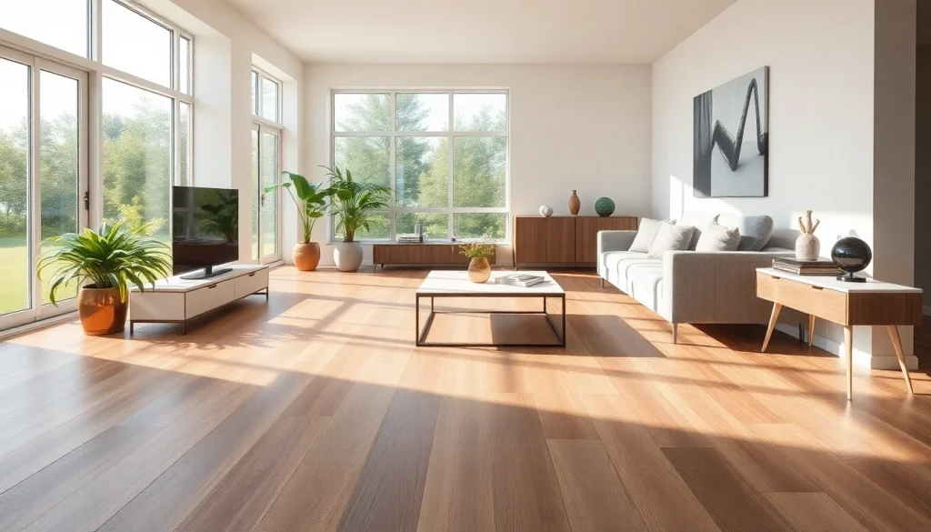 Salon élégant avec un revêtement en carrelage imitation parquet réaliste, apportant chaleur et style.