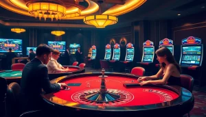 Experience thrilling online gaming at https://thabet.vegas/ with captivating casino visuals showcasing poker tables and slot machines.