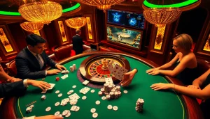 Exciting poker game at hay88 com casino with dealers and vibrant gaming elements.
